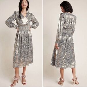 Current Air Silver Metallic V-Neck Smocked Midi Dress